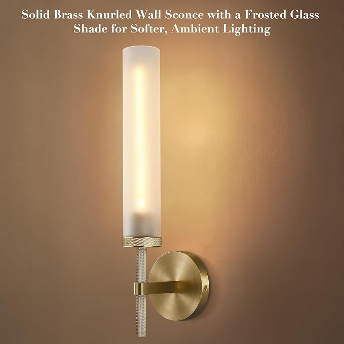 Modern Hardwired Frosted Glass Bathroom Wall Sconces, Handmade Knurled Brass Wall Light Fixture,Modern Vanity Light for Living Room,Hallway, Bedroom, 20" Indoor Wall Lamp, Bulb Included