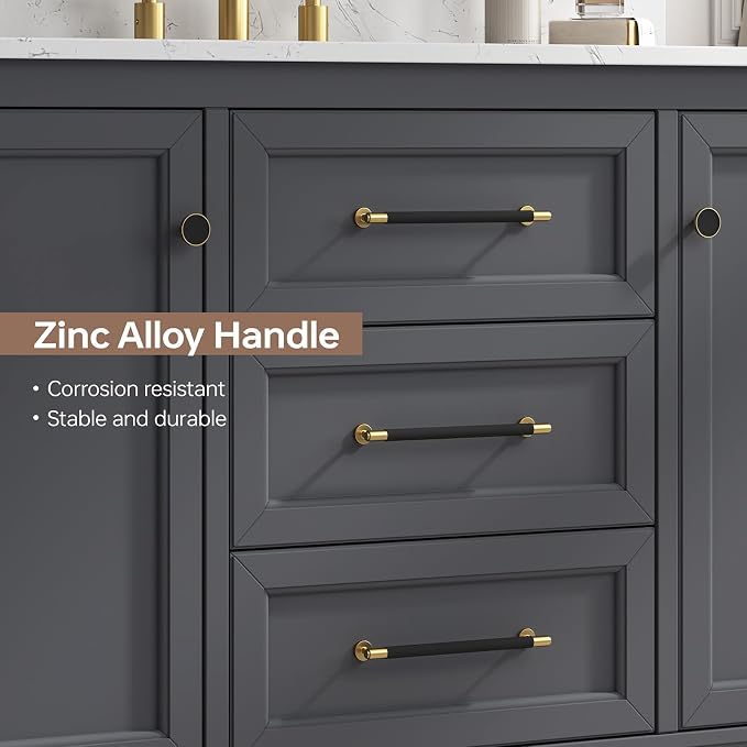 48 Inch Bathroom Vanity with Sink, Fully Assembled, Deep Grey | Solid wood vanity with engineered stone countertop and backsplash, Soft-close doors, 3 dovetail drawers, Ceramic Sink