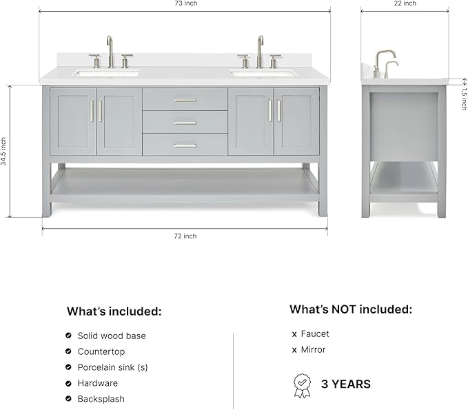 DKB Olivia 72" Grey Double Bathroom Vanity, 1.5" Edge Pure White Quartz Countertop, Rectangular Sinks, 4 Soft Closing Doors, 3 Dovetail Drawers, Open Shelf