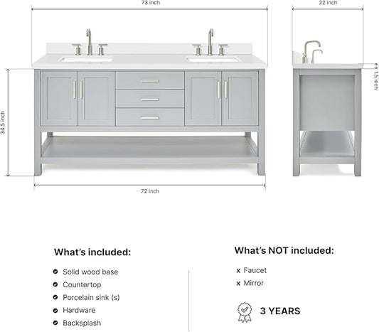 DKB Olivia 72" Grey Double Bathroom Vanity, 1.5" Edge Pure White Quartz Countertop, Rectangular Sinks, 4 Soft Closing Doors, 3 Dovetail Drawers, Open Shelf