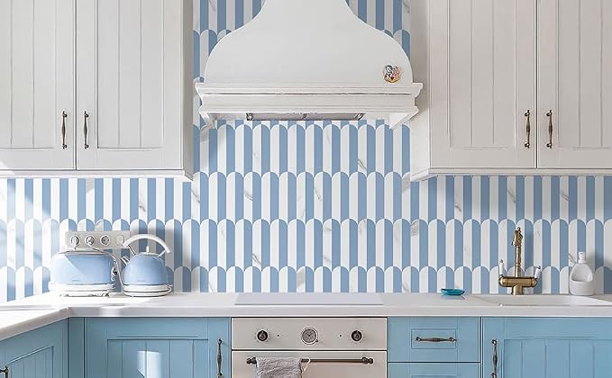 Vamos Tile Peel and Stick Backsplash Seamless Tile,Fish Scale,10 PVC Tiles | Stick on Backsplash for Kitchen & Bathroom,Light Blue and Statury White PVC Self Adhesive Mosaic Tiles 11.9''x10.8''