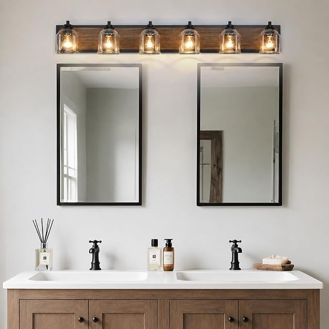 6-Light Vanity Lights for Bathroom Large 48" with Bubble Glass Shade | Farmhouse Rustic style, Hand-Painted Brown Wood-Grain Metal Backplate, E26 Ceramic Socket, UL&ETL, Mount up/down, over mirror