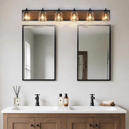 6-Light Vanity Lights for Bathroom Large 48" with Bubble Glass Shade | Farmhouse Rustic style, Hand-Painted Brown Wood-Grain Metal Backplate, E26 Ceramic Socket, UL&ETL, Mount up/down, over mirror