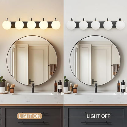 5 Lights Vintage Bathroom Vanity Light Fixtures Over Mirror, Matte Black Vanity Lights For Bathroom With Milk White Glass Globe Shade, Wall Lights For Bedroom, Hallway, Dressing Table(Includ G9 Bulbs)