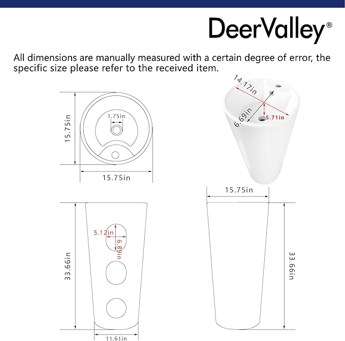 DeerValley 15" X 15" Circular Basin Pedestal Sink, Apex White Ceramic Pedestal Bathroom Sink with Overflow and Pre-Drilled, Modern Bath Porcelain Pedestal Sink Combo, DV-1P527