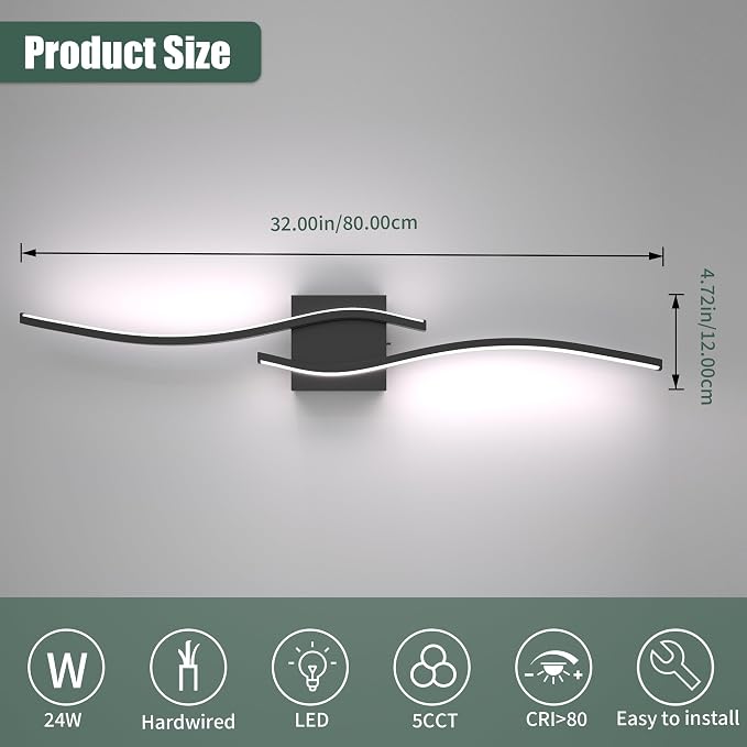 LED Bathroom Vanity Light 5CCT 32in, Black | 2700K-6500K selectable, CRI>80, rust-proof metal & acrylic, ETL certified, for bathroom mirrors, washrooms, vanity areas