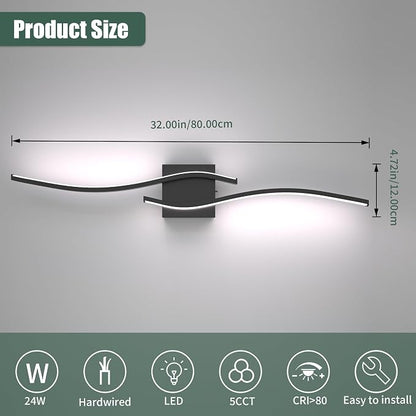 LED Bathroom Vanity Light 5CCT 32in, Black | 2700K-6500K selectable, CRI>80, rust-proof metal & acrylic, ETL certified, for bathroom mirrors, washrooms, vanity areas