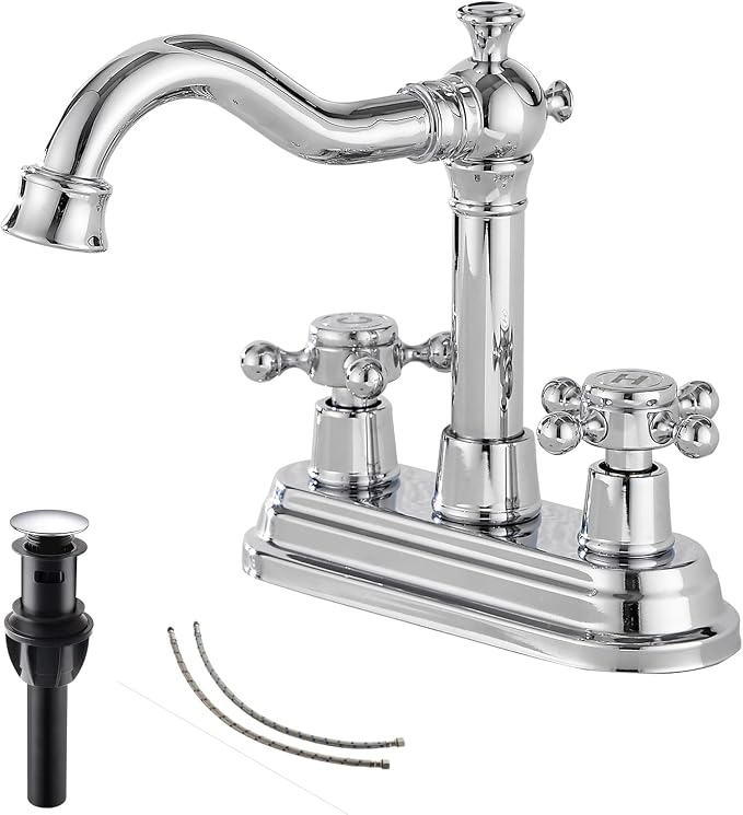Chrome Bathroom Faucet GGStudy 2 Handles 4 Inches Centerset Bathroom Vanity with Drain Assembly and Supply Hose Lavatory Faucet Mixer Double Handle Tap