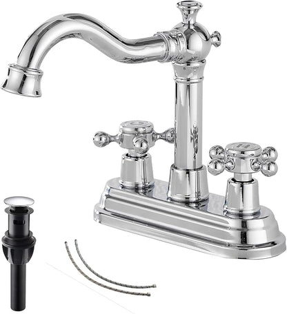 Chrome Bathroom Faucet GGStudy 2 Handles 4 Inches Centerset Bathroom Vanity with Drain Assembly and Supply Hose Lavatory Faucet Mixer Double Handle Tap