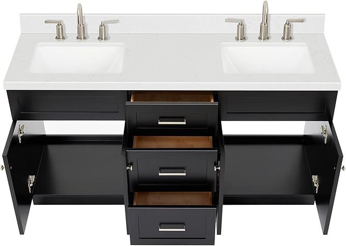 DKB Bradford 66-Inch Black Double Bathroom Vanity, 1.5" Edge Carrara Quartz Countertop & Backsplash, Rectangular Undermount Sinks, Soft Closing Doors & Drawers, Toe Kick, Brushed Nickel Hardware