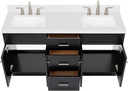 DKB Bradford 66-Inch Black Double Bathroom Vanity, 1.5" Edge Carrara Quartz Countertop & Backsplash, Rectangular Undermount Sinks, Soft Closing Doors & Drawers, Toe Kick, Brushed Nickel Hardware