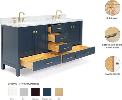 ARIEL Cambridge 72-inch Bathroom Vanity with Sink,Solid Wood, 0.75-inch Italian Carrara Marble Countertop, Double Oval Porcelain Sink, 4 Soft Closing Doors, 6 Dovetail Drawers, Midnight Blue
