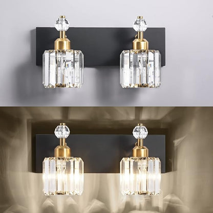 PRESDE 2-Crystal Bathroom Vanity Light Modern Black and Gold Bathroom Lights Fixtures Over Mirror Modern Bath Wall Lighting