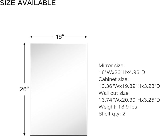 TEHOME Recessed Mount 16x26'' Squared Rectangle Silver Bathroom Medicine Cabinet with Mirror Silver Metal Framed Rectanglular Medicine Cabinet 2 Adjustable Glass Shelves