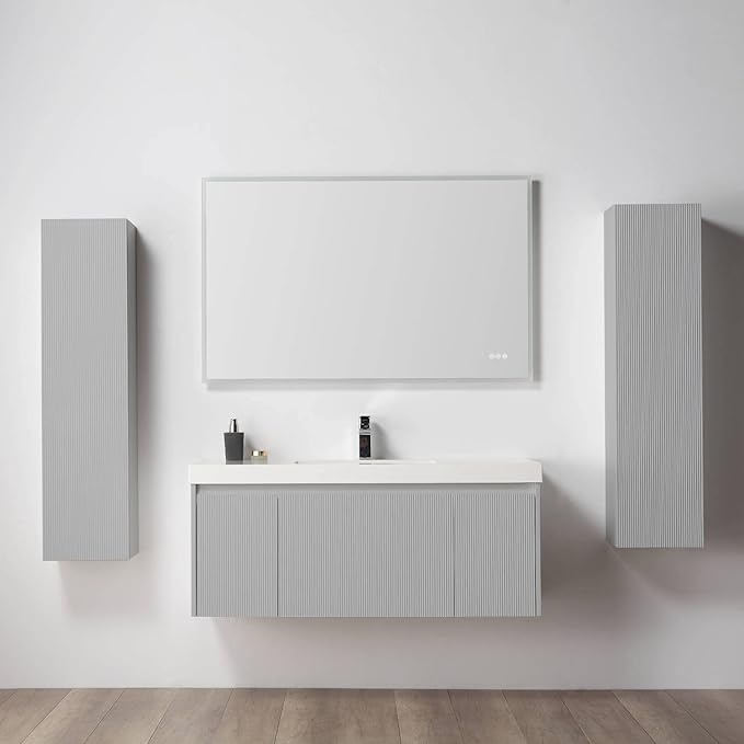 Blossom 48 Inch Bathroom Vanity with Sink and 2 Side Cabinets, All Wood Wall Mounted Floating Bathroom Vanity Cabinet with Acrylic Sink, Soft-Close Drawers, Bathroom Vanities, Light Grey