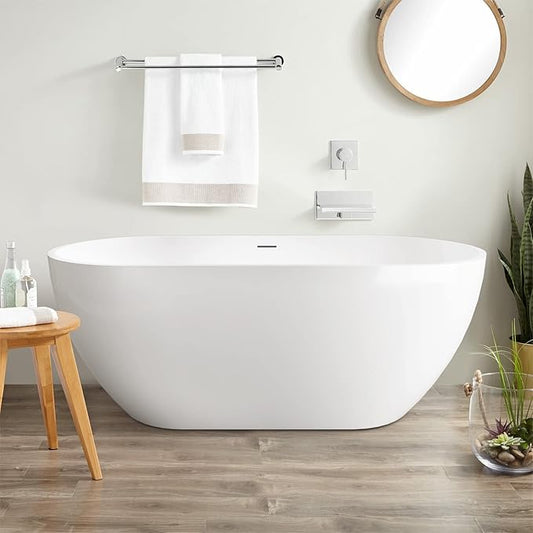 59" Acrylic Freestanding Bathtub, Double Ended Free Standing Tub, Soaking Tub with Integrated Slotted Overflow, Toe-Tap Chrome Drain, cUPC Certified, Glossy White