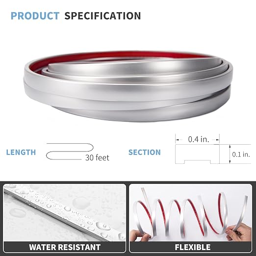 Art3d 30 ft Peel and Stick Flexible Molding Trim for Wall Tile Edge, Silver | Durable, Waterproof, Oil-Proof, Superior Adhesive, Useful, Easy to Clean, Ideal for Mirror Edges, Accent Walls, Backsplashes