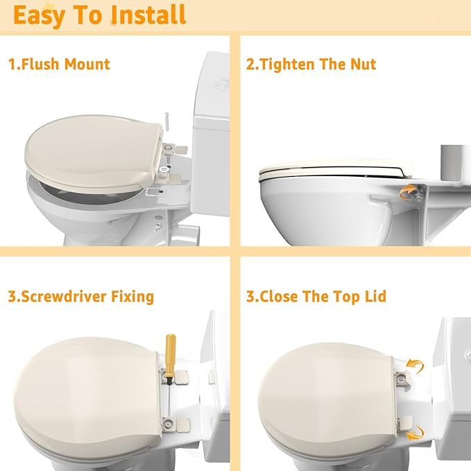 Round Toilet Seat Soft Close 16.5", Standard Universal Toilet Lid Round with PP Material Safe, Easy to Clean and Install, Ergonomic design, Never Loosens,2 Years Support, Almond Plastic