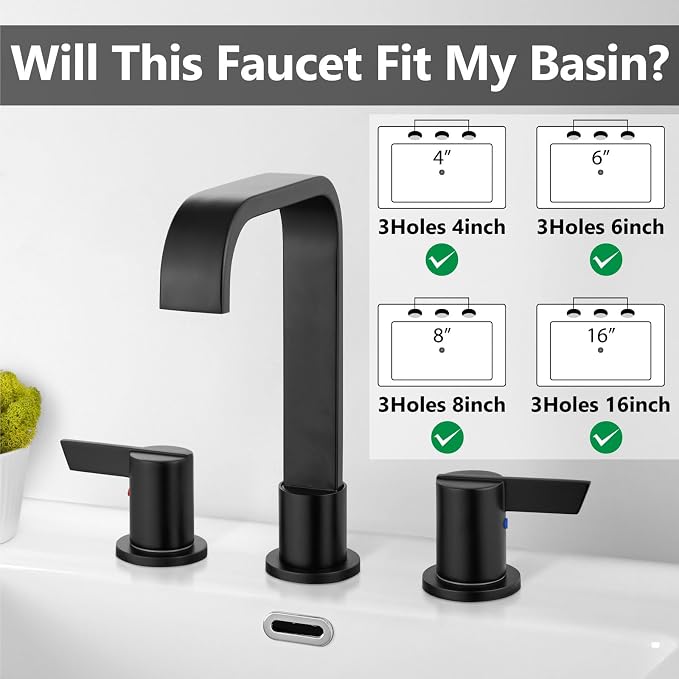 Matte Black Bathroom Faucet 3 Hole 8 Inch Widespread Waterfall | 2-Handle Vanity Faucet, Pop-Up Drain, Supply Lines, Adjustable 4- to 16-Inch Widespread Fit, 360° Swivel Spout