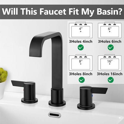 Matte Black Bathroom Faucet 3 Hole 8 Inch Widespread Waterfall | 2-Handle Vanity Faucet, Pop-Up Drain, Supply Lines, Adjustable 4- to 16-Inch Widespread Fit, 360° Swivel Spout