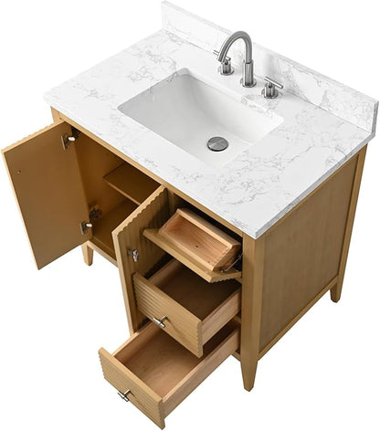HOMEBEYOND 36" Bathroom Vanity with Sink, Solid Wood Bathroom Vanity Free-Standing Cabinet, Drawers, Ceramic Top & Soft Closing Door, Golden Brushed Handware, Natural Oak