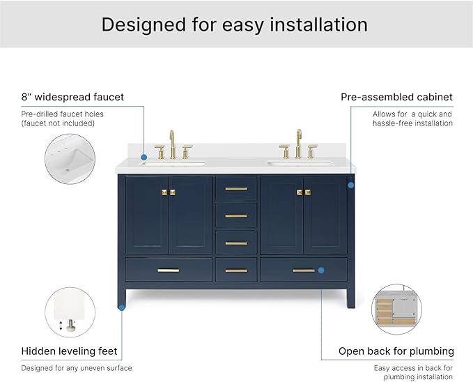 ARIEL Cambridge 60-inch Bathroom Vanity with Sink,Solid Wood, 1.5-inch Pure White Quartz Countertop, Double Rectangular Porcelain Sink, 4 Soft Closing Doors, 6 Dovetail Drawers, Midnight Blue