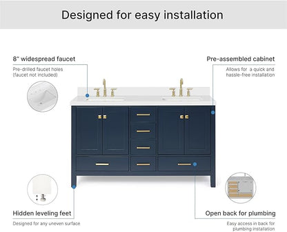 ARIEL Cambridge 60-inch Bathroom Vanity with Sink,Solid Wood, 1.5-inch Pure White Quartz Countertop, Double Rectangular Porcelain Sink, 4 Soft Closing Doors, 6 Dovetail Drawers, Midnight Blue