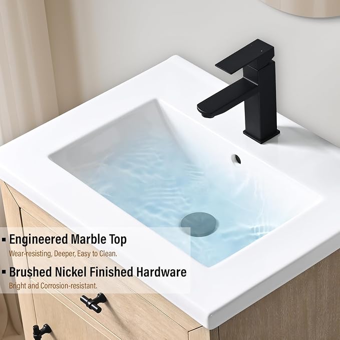 Vanity Art 24 inch Bathroom Vanity with Sink, Vanity Cabinet with Doors and Removable Shelf, Modern Wood Cabinet with Marble Top, Solid Wood Frame, Ceramic Sink,VA70-24-LW-E