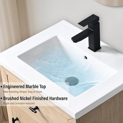 Vanity Art 24 inch Bathroom Vanity with Sink, Vanity Cabinet with Doors and Removable Shelf, Modern Wood Cabinet with Marble Top, Solid Wood Frame, Ceramic Sink,VA70-24-LW-E