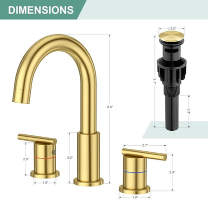 Faustina Gold Faucet Bathroom,Brushed Gold Bathroom Faucets 3 Hole,8 Inch Widespread Bathroom Faucet,4 Inch 12 Inch Bathroom Faucet with Drain Assembly,2-Handle Stainless Steel(Supply Line)