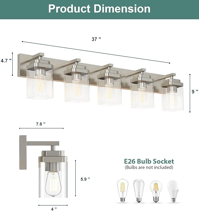 Brushed Nickel Bathroom Light Fixtures, 5 Lights Bathroom Lighting Fixtures Over Mirror, Square Design & Rectangle Large Backplate, Modern Vanity Lighting Fixtures, for Living Room/Bedroom
