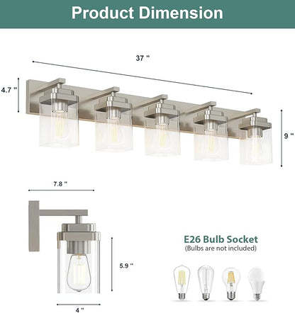 Brushed Nickel Bathroom Light Fixtures, 5 Lights Bathroom Lighting Fixtures Over Mirror, Square Design & Rectangle Large Backplate, Modern Vanity Lighting Fixtures, for Living Room/Bedroom