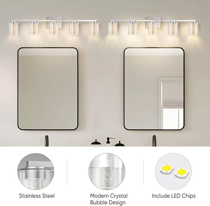 LED Modern Bathroom Light Fixtures Over Mirror, 5-Light Brushed Nickel Vanity Lights with 5 Color Modes, Dimmable Bathroom Vanity Light with Crystal Bubble Glass, 2700K-6500K Adjustable, ETL