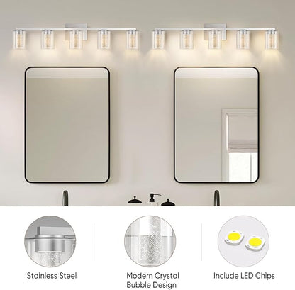 LED Modern Bathroom Light Fixtures Over Mirror, 5-Light Brushed Nickel Vanity Lights with 5 Color Modes, Dimmable Bathroom Vanity Light with Crystal Bubble Glass, 2700K-6500K Adjustable, ETL