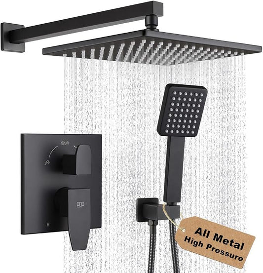 Matte Black Shower Faucet Set Rainfall 10 Inch Shower Head and Handle Set Bathroom Rain Shower System Wall Mounted Shower Fixture Include Shower Valve and Trim Kit