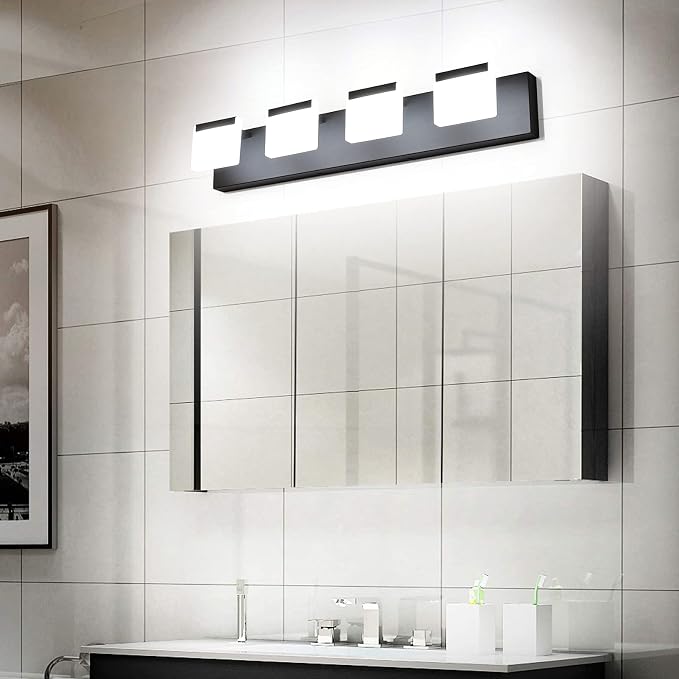 Ralbay 4 Light Black Bathroom Vanity Light Fixtures Acrylic Matte Black Vanity Light Fixtures LED Modern Bathroom Vanity Lights Over Mirror