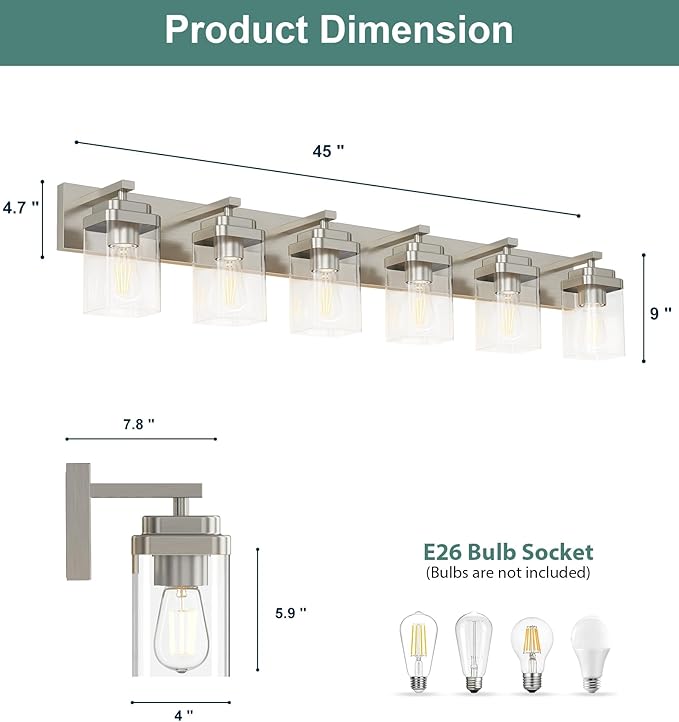 Brushed Nickel Bathroom Light Fixtures, 6 Lights Bathroom Lighting Fixtures Over Mirror, Square Design & Rectangle Large Backplate, Modern Vanity Lighting Fixtures, for Living Room/Bedroom