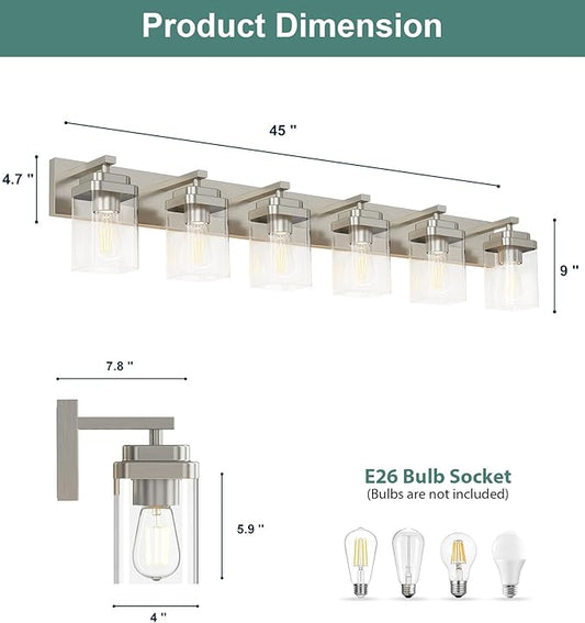 Brushed Nickel Bathroom Light Fixtures, 6 Lights Bathroom Lighting Fixtures Over Mirror, Square Design & Rectangle Large Backplate, Modern Vanity Lighting Fixtures, for Living Room/Bedroom