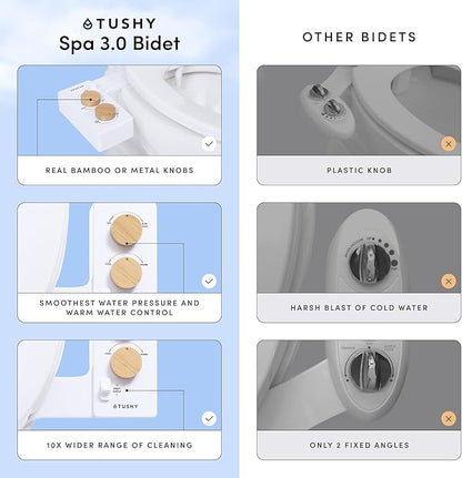 TUSHY Classic 3.0 Bidet Toilet Seat Attachment - A Non-Electric Self Cleaning Water Sprayer with Adjustable Water Pressure Nozzle, Angle Control & Easy Home Installation (Bamboo Knob)