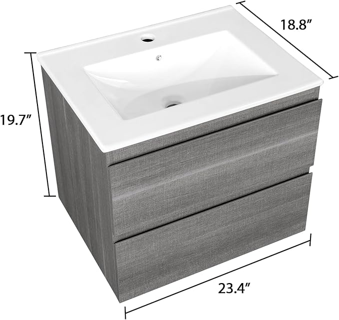 24 Inch Floating Bathroom Vanity with Sink, Modern Wall Mounted Small Bathroom Vanity, 2 Drawer Bathroom Sink Cabinet with Ceramic Sink, Soft Close Slides, Grey
