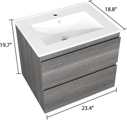 24 Inch Floating Bathroom Vanity with Sink, Modern Wall Mounted Small Bathroom Vanity, 2 Drawer Bathroom Sink Cabinet with Ceramic Sink, Soft Close Slides, Grey