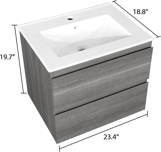 24 Inch Floating Bathroom Vanity with Sink, Modern Wall Mounted Small Bathroom Vanity, 2 Drawer Bathroom Sink Cabinet with Ceramic Sink, Soft Close Slides, Grey