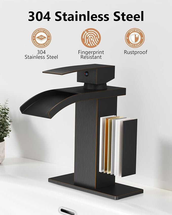 Oil Rubbed Bronze Waterfall Bathroom Faucet 1-Handle Vanity Faucet | Stainless Steel Modern Bathroom Sink Faucet,Pop-Up Drain, Supply Lines 6-in Deck Plate, 1- or 3-Hole, NSF Certified