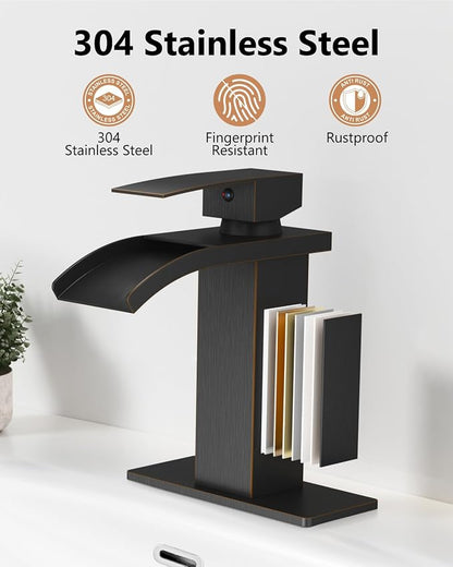 Oil Rubbed Bronze Waterfall Bathroom Faucet 1-Handle Vanity Faucet | Stainless Steel Modern Bathroom Sink Faucet,Pop-Up Drain, Supply Lines 6-in Deck Plate, 1- or 3-Hole, NSF Certified
