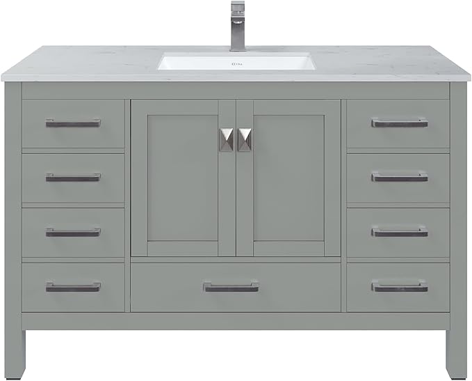 Eviva London 54 Inch Bathroom Vanity White Vanity Bathroom Sink Cabinet W/Quartz Countertop Porcelain Single Sink Design for Modern Bathrooms
