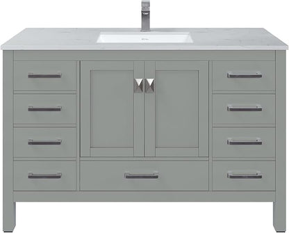 Eviva London 54 Inch Bathroom Vanity White Vanity Bathroom Sink Cabinet W/Quartz Countertop Porcelain Single Sink Design for Modern Bathrooms
