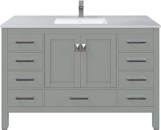 Eviva London 54 Inch Bathroom Vanity White Vanity Bathroom Sink Cabinet W/Quartz Countertop Porcelain Single Sink Design for Modern Bathrooms