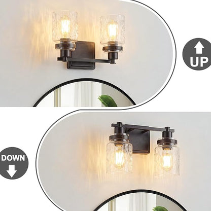 2 Light Bathroom Light Fixtures Farmhouse Black Vanity Lights | ETL Certificate, Easy to Install,Wall Mount Up or Down,Hammered Glass Lampshade,E26 Socket,Hardwired,120V