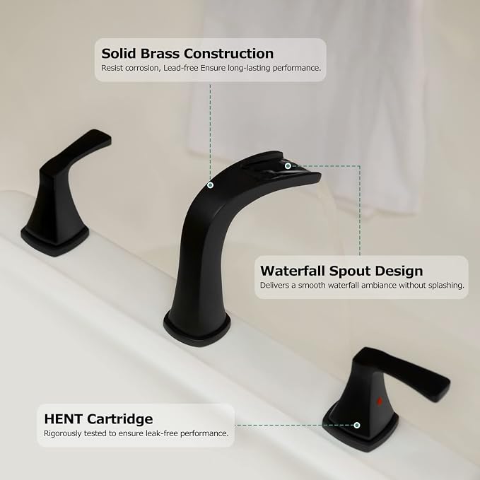 Waterfall 2 Handle Widespread Roman Tub Faucet Matte Black | 3 Hole Deck Mount Bathtub Filler with Valve & Supply Lines