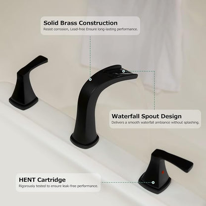 Waterfall 2 Handle Widespread Roman Tub Faucet Matte Black | 3 Hole Deck Mount Bathtub Filler with Valve & Supply Lines